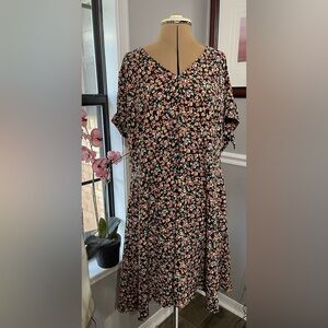NWT LOFT sz 18 Black and Pink Floral Midi Dress.